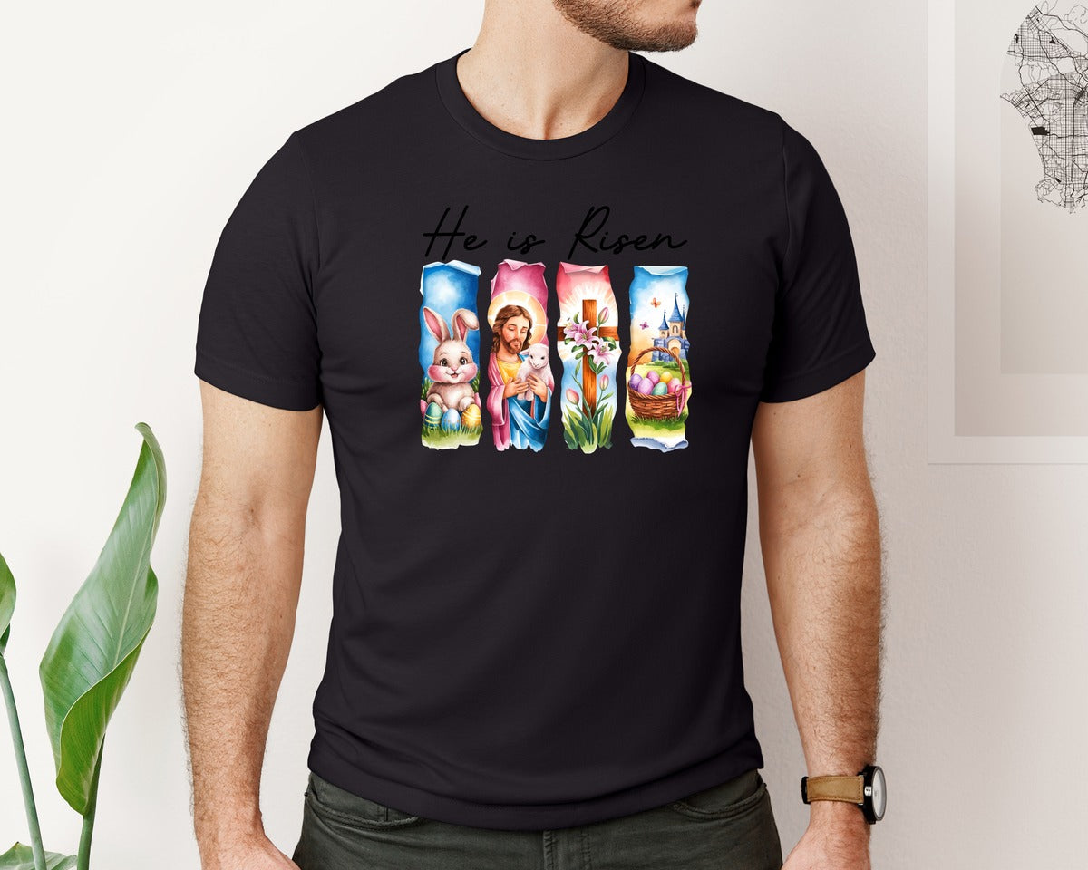 brand:Bella Canvas|color:Black|He Is Risen Easter Jesus Christian Graphic T-Shirt