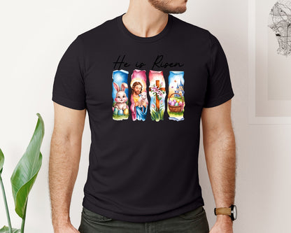 brand:Bella Canvas|color:Black|He Is Risen Easter Jesus Christian Graphic T-Shirt