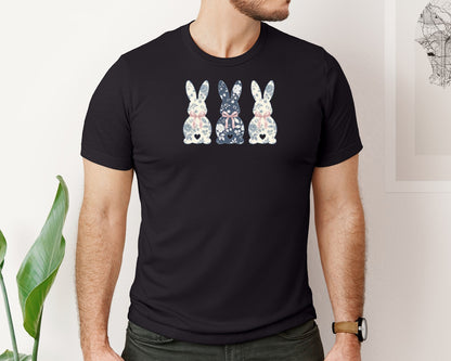 brand:Bella Canvas|color:Black|Floral Easter Bunny Bow Graphic T-Shirt