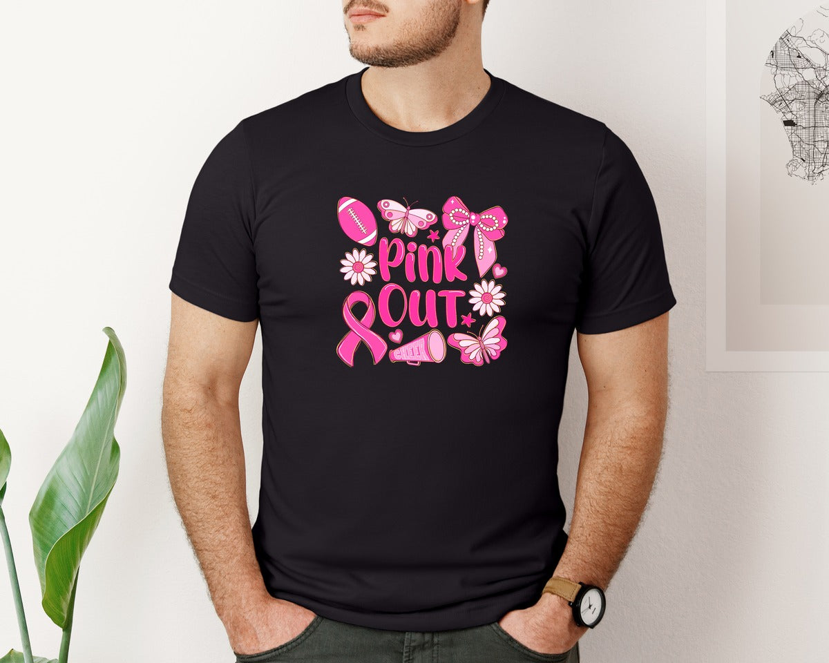 brand:Bella Canvas|color:Black|Pink Out Football Breast Cancer 3 Graphic T-Shirt