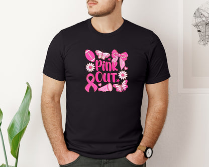 brand:Bella Canvas|color:Black|Pink Out Football Breast Cancer 3 Graphic T-Shirt