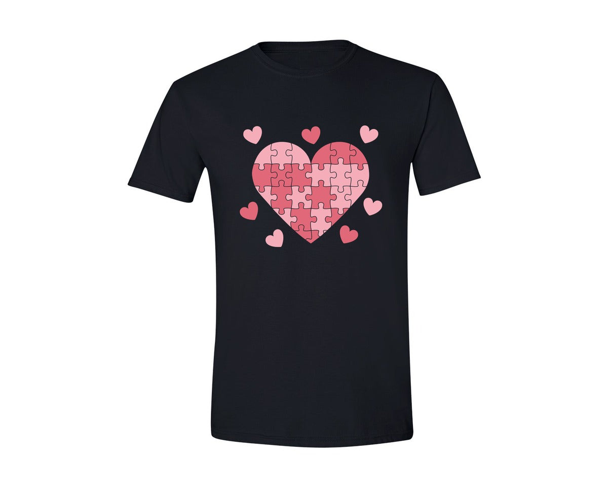 brand:Generic|color:Black|Pink Heart Puzzle Love Illustration Graphic T-Shirt