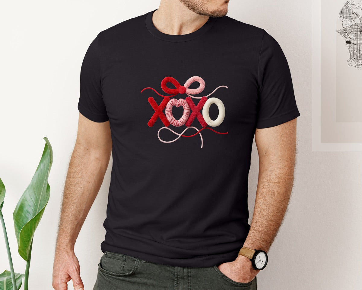 brand:Bella Canvas|color:Black|Latch Hook Yarn Crochet Xoxo Coquette B Graphic T-Shirt