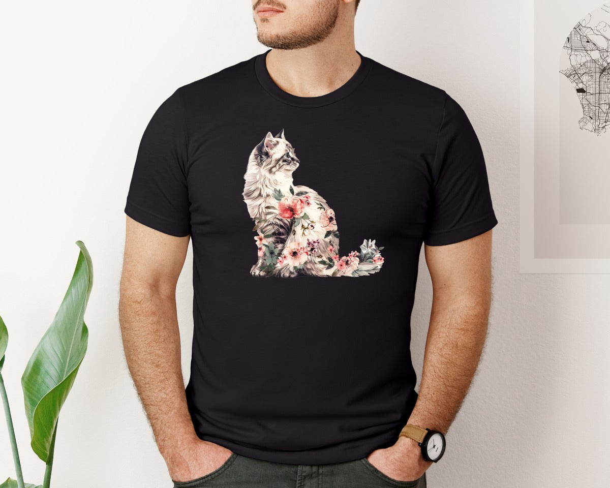 brand:Bella Canvas|color:Black|Vintage Floral Cat Graphic T-Shirt
