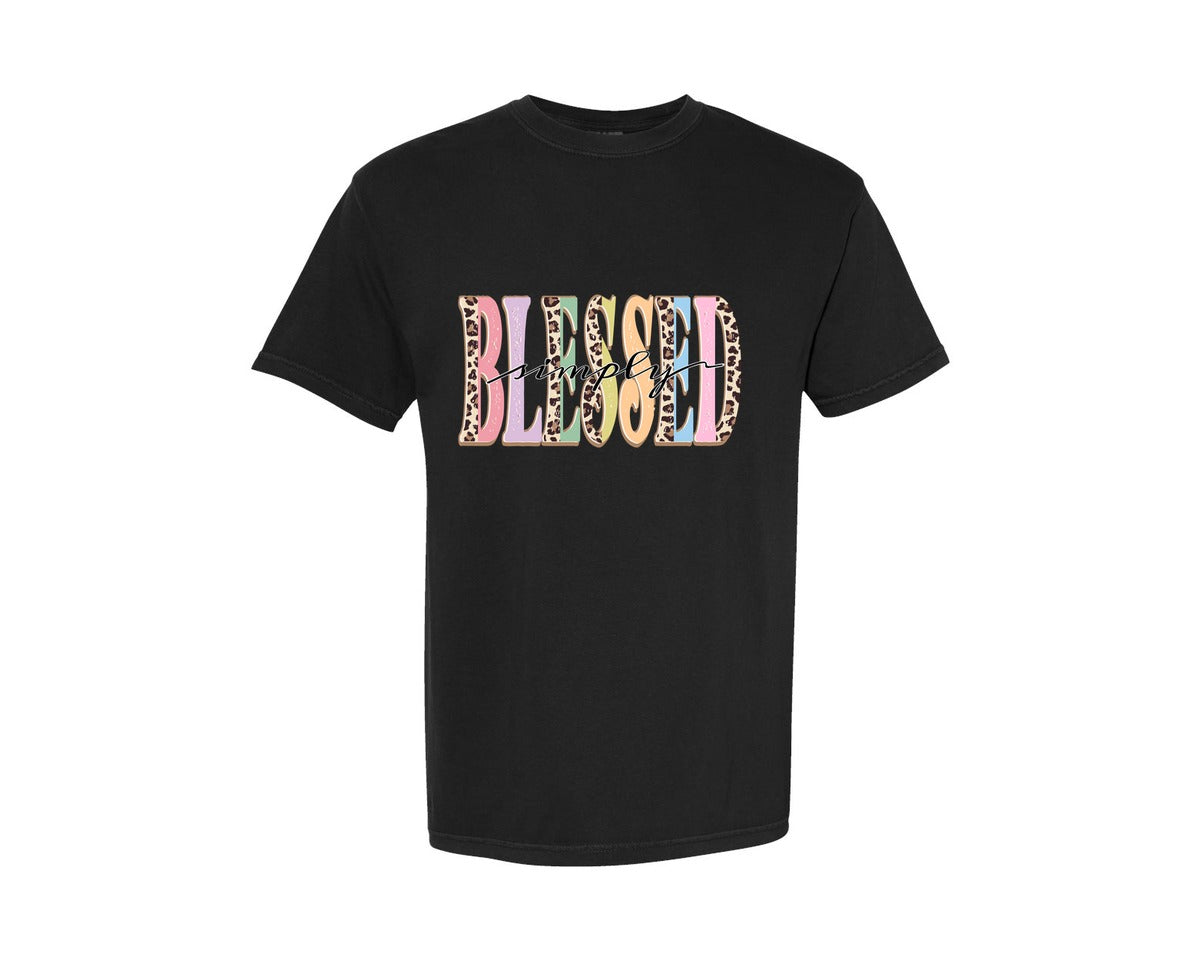 brand:Comfort Colors|color:Black|Simply Blessed Christian Quote Leopard Graphic T-Shirt