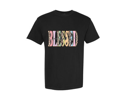 brand:Comfort Colors|color:Black|Simply Blessed Christian Quote Leopard Graphic T-Shirt