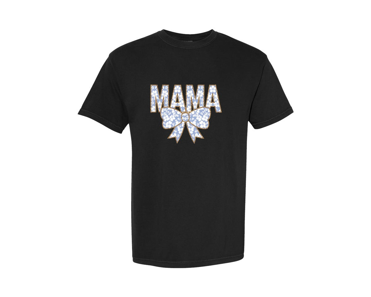 brand:Comfort Colors|color:Black|White Blue Toile Coquette Bow Mama Graphic T-Shirt