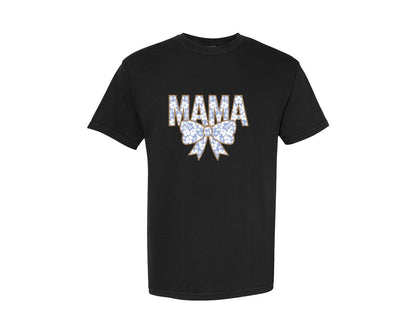 brand:Comfort Colors|color:Black|White Blue Toile Coquette Bow Mama Graphic T-Shirt