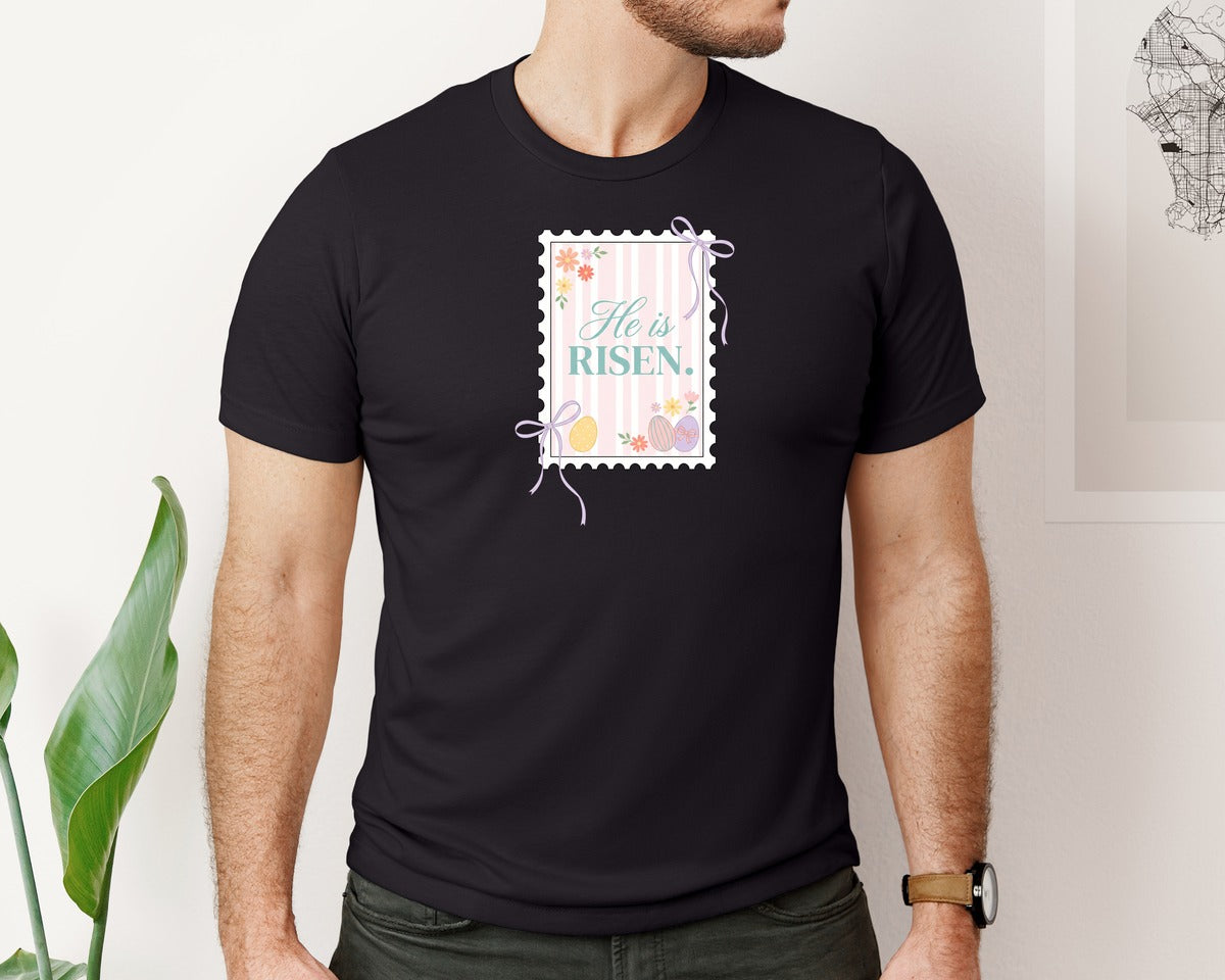 brand:Bella Canvas|color:Black|He Is Risen Christian Easter Faith Graphic T-Shirt