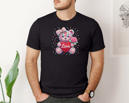 brand:Bella Canvas|color:Black|Faux Yarn Teddy Bear Valentines Day Graphic T-Shirt