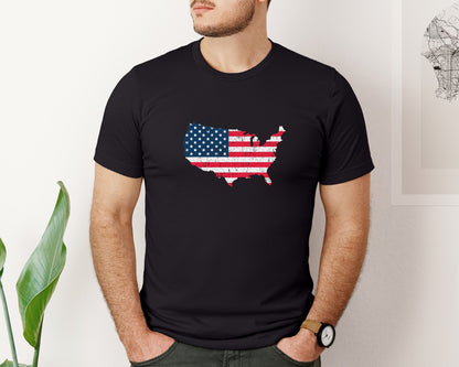 brand:Bella Canvas|color:Black|Distressed Usa Vintage Flag Map Design Graphic T-Shirt