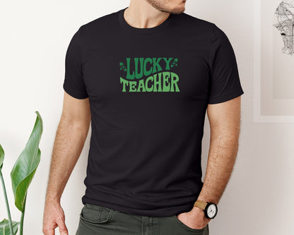 brand:Bella Canvas|color:Black|Lucky Teacher Cute St Patricks Day Graphic T-Shirt