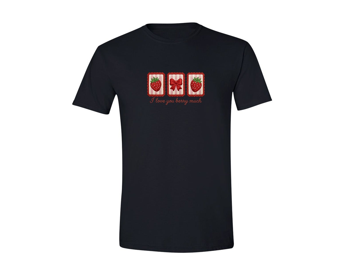 brand:Generic|color:Black|Berry Much Strawberry Valentine Patch Graphic T-Shirt