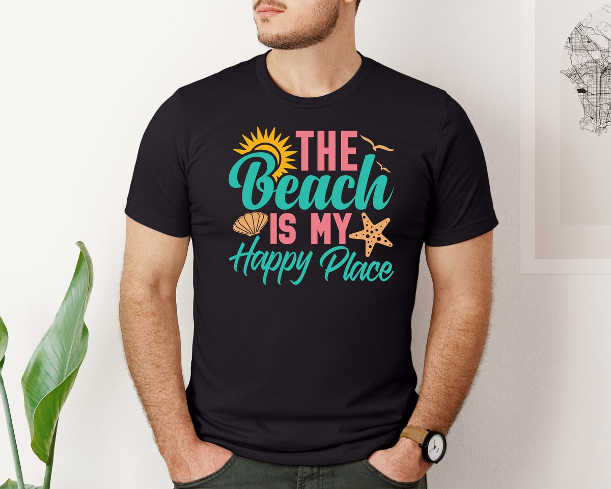 brand:Bella Canvas|color:Black|The Beach Is My Happy Place Cut File 3 Graphic T-Shirt