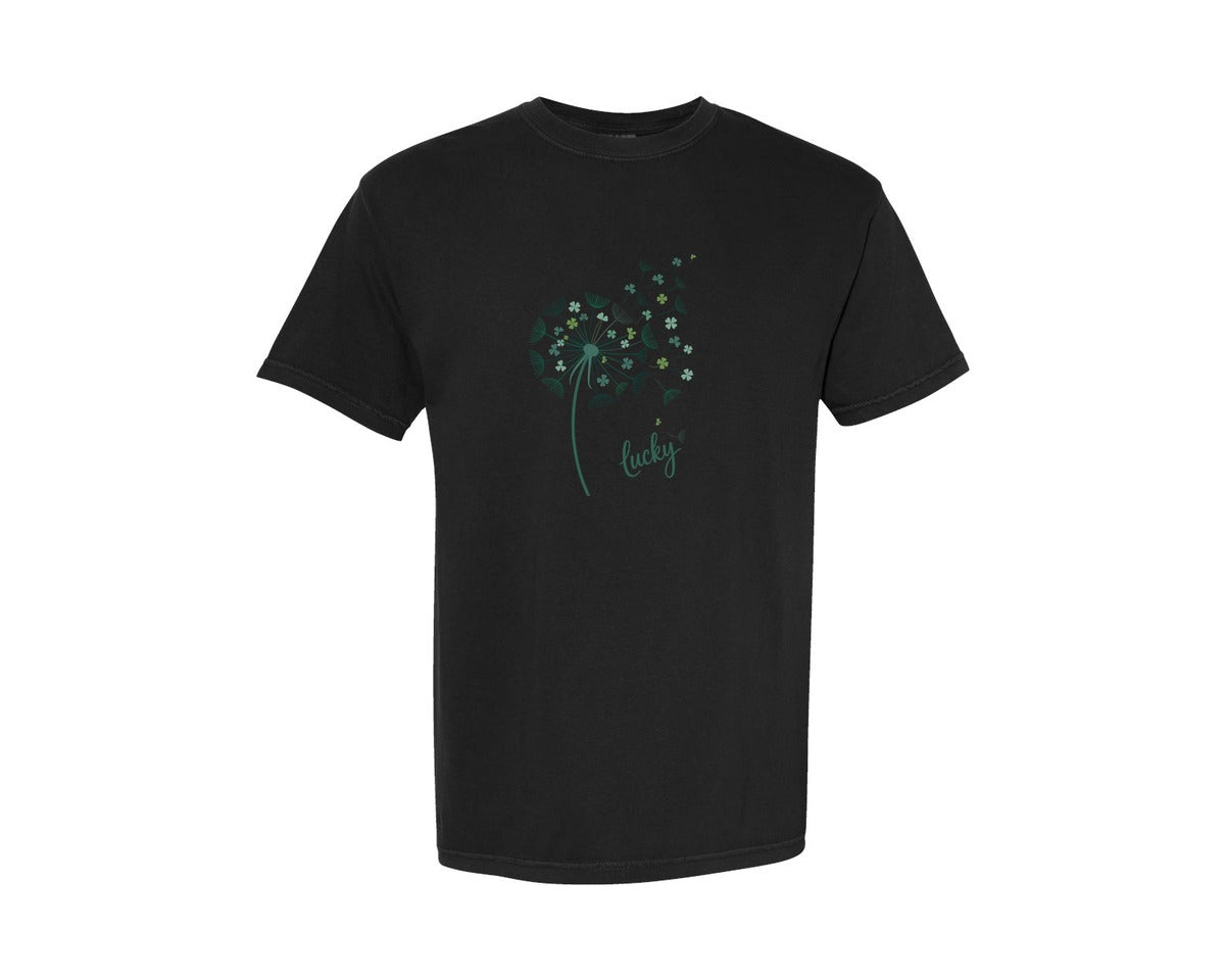 brand:Comfort Colors|color:Black|St Patricks Day Dandelion Shamrock 3 Graphic T-Shirt