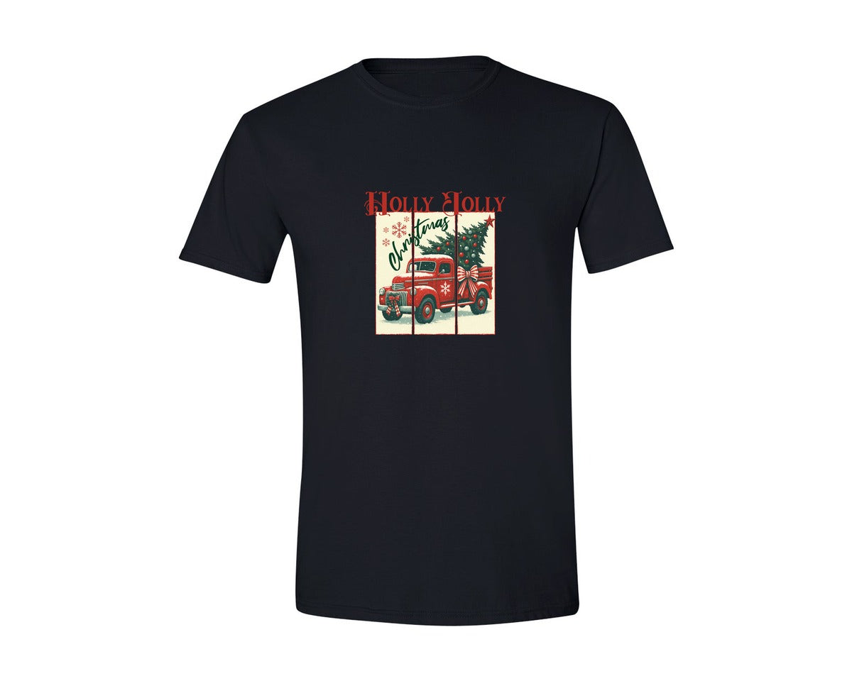 brand:Generic|color:Black|Holly Jolly Christmas Vintage Truck Graphic T-Shirt
