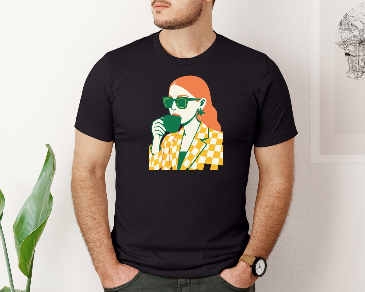 brand:Bella Canvas|color:Black|Trendy Woman Drinking Coffee Graphic T-Shirt