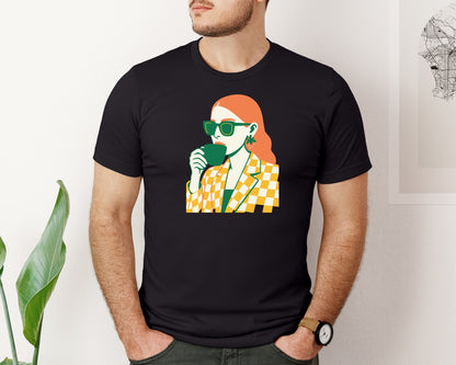 brand:Bella Canvas|color:Black|Trendy Woman Drinking Coffee Graphic T-Shirt