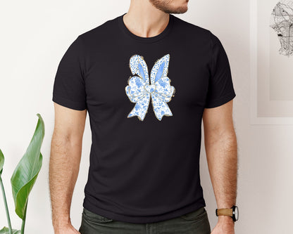brand:Bella Canvas|color:Black|Blue Floral Chinoiserie Bunny Easter Bow Graphic T-Shirt