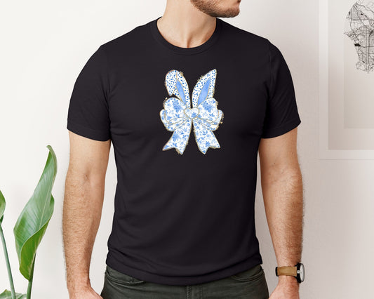 Blue Floral Chinoiserie Bunny Easter Bow Graphic T-Shirt