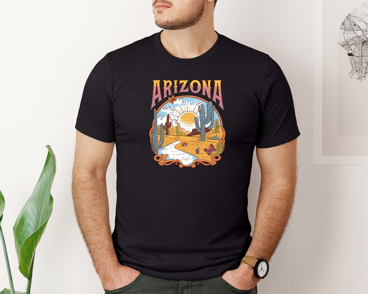 brand:Bella Canvas|color:Black|Arizona Desert Sunset Design Graphic T-Shirt