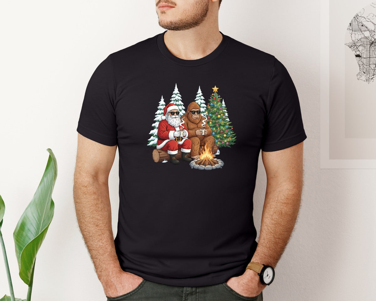 brand:Bella Canvas|color:Black|Retro Santa And Bigfoot Christmas Graphic T-Shirt