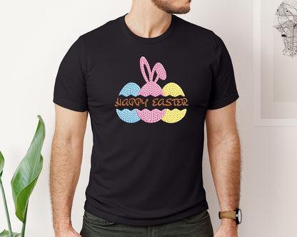 brand:Bella Canvas|color:Black|Faux Crochet Happy Easter Eggs Graphic T-Shirt