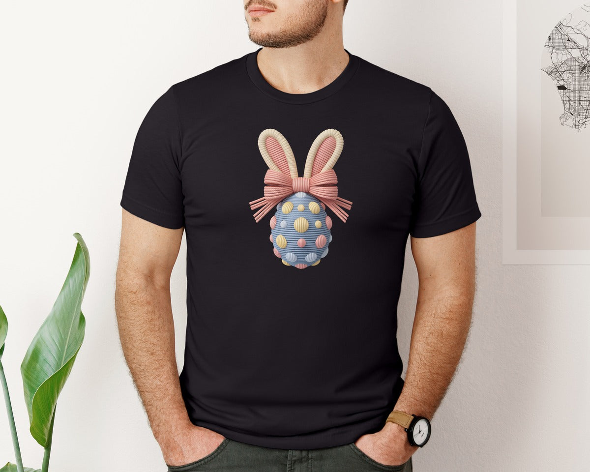 brand:Bella Canvas|color:Black|Yarn Crochet Easter Bunny Egg Graphic T-Shirt