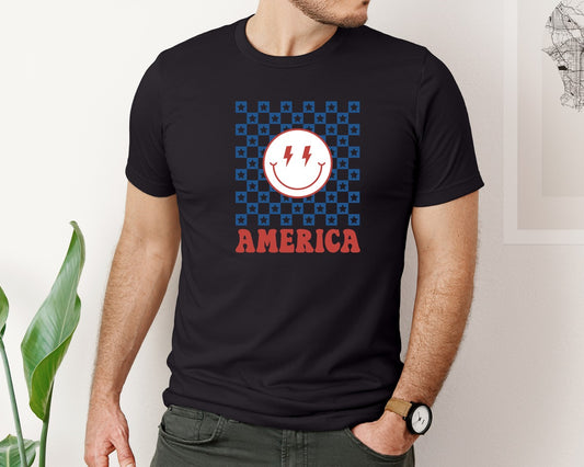 America Checkered Smiley Usa Graphic T-Shirt
