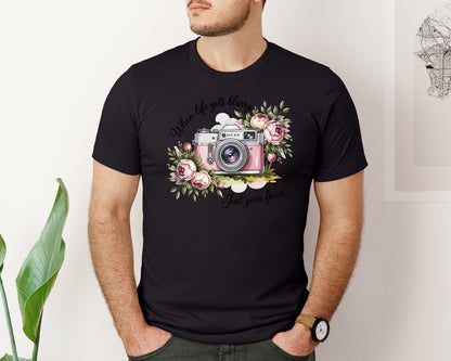 brand:Bella Canvas|color:Black|Floral Camera Blurry Life Quote Graphic T-Shirt