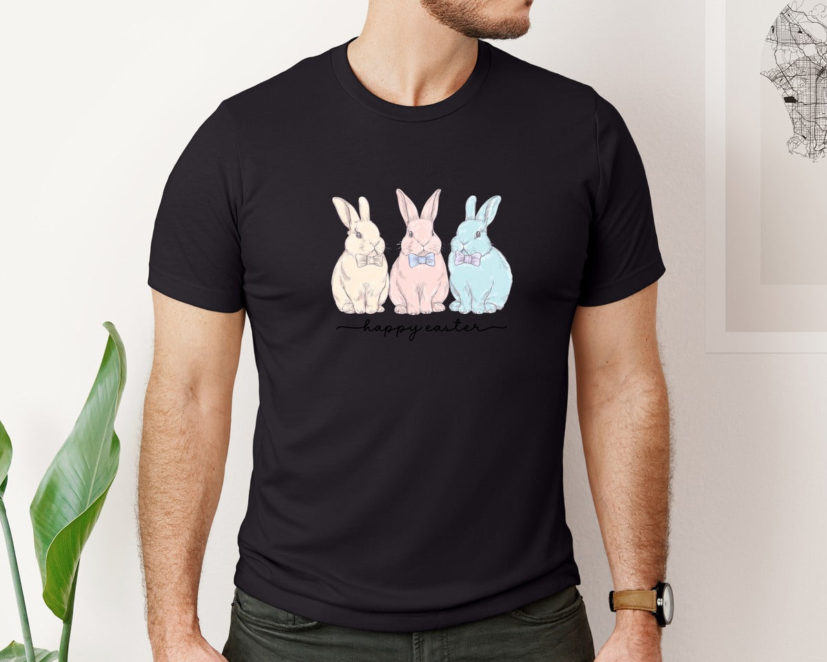 brand:Bella Canvas|color:Black|Happy Easter Pngcoquette Bow Bunny Graphic T-Shirt