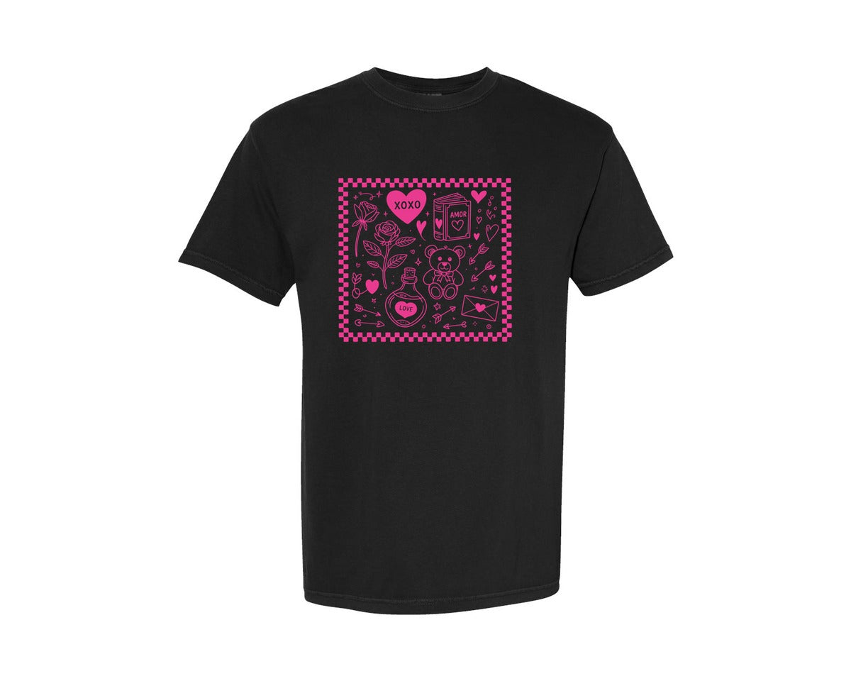 brand:Comfort Colors|color:Black|Book Lover Valentine Doodles Graphic T-Shirt