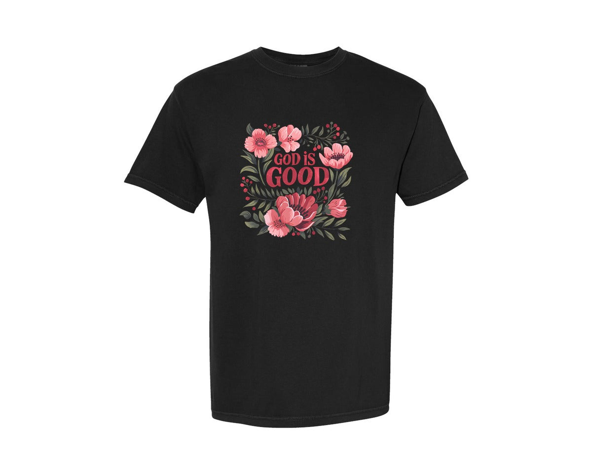 brand:Comfort Colors|color:Black|Floral Christian God Is Good Faith 2 Graphic T-Shirt