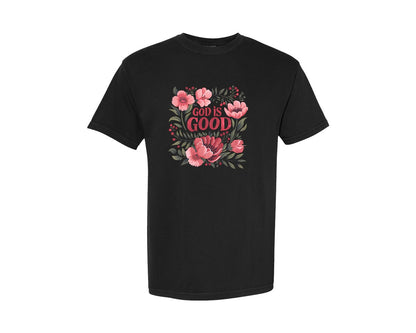 brand:Comfort Colors|color:Black|Floral Christian God Is Good Faith 2 Graphic T-Shirt