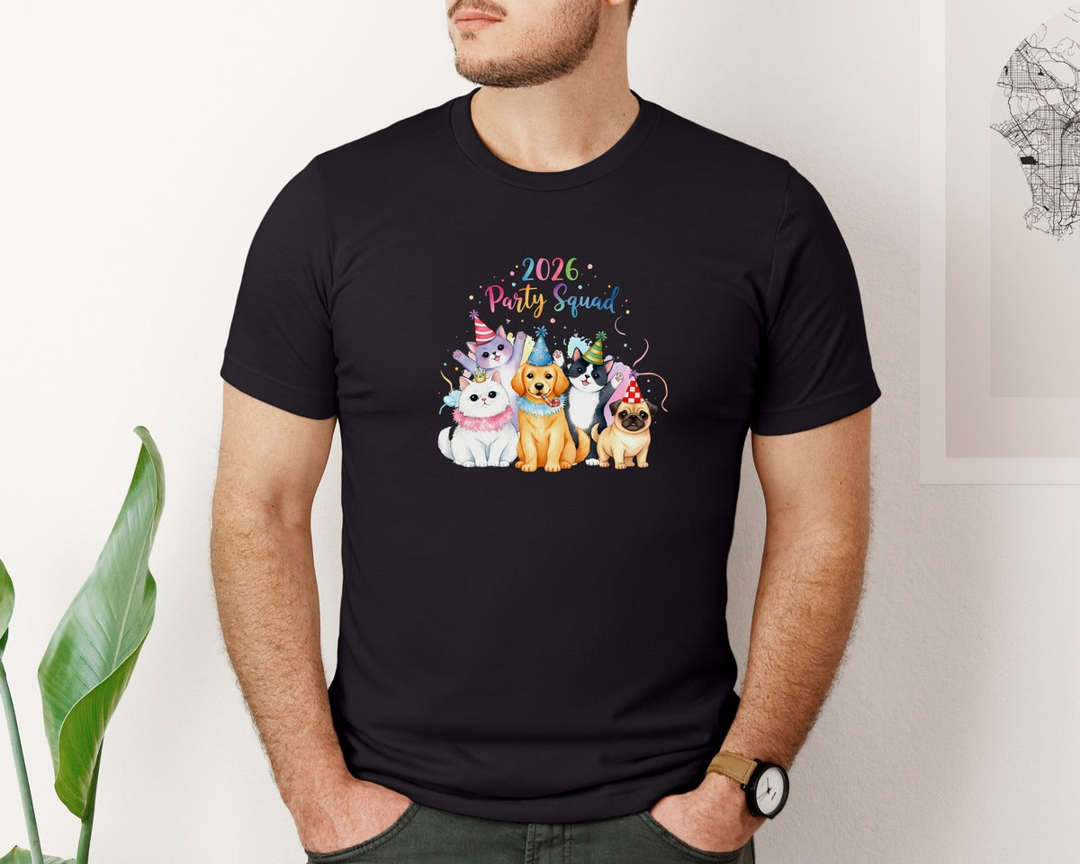brand:Bella Canvas|color:Black|2026 Party Squad Cats Dogs Birthday Graphic T-Shirt