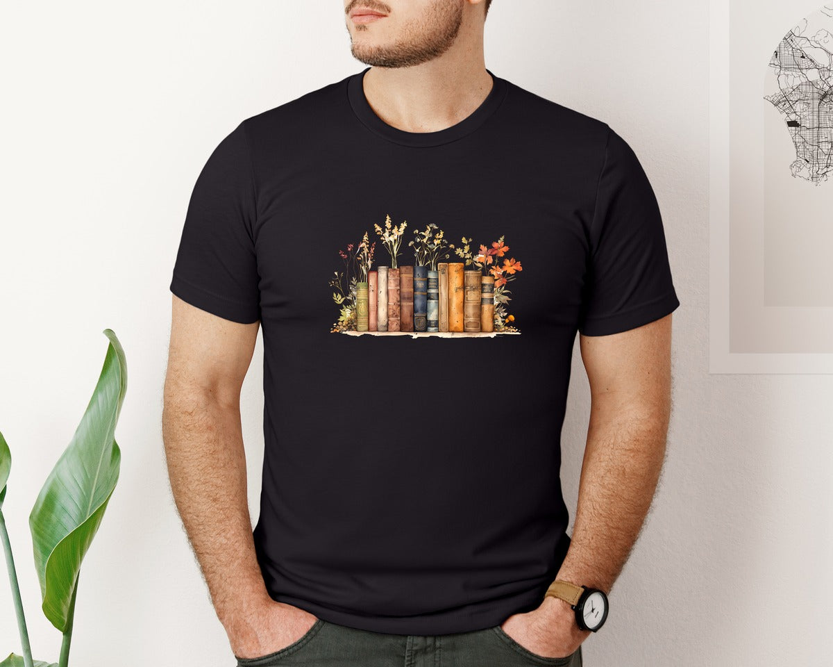 brand:Bella Canvas|color:Black|Retro Books Wild Flowers Fall Leaves Graphic T-Shirt