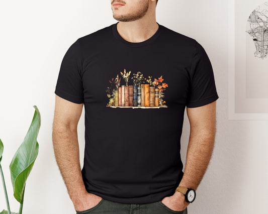 Retro Books Wild Flowers Fall Leaves Graphic T-Shirt
