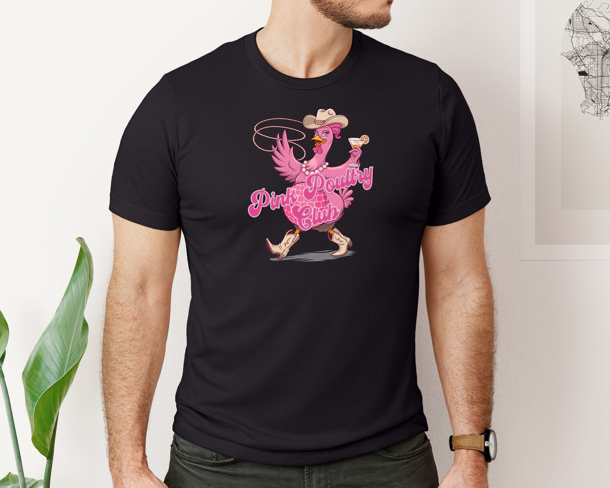 brand:Bella Canvas|color:Black|Pink Poultry Club Funny Chicken Disco Graphic T-Shirt