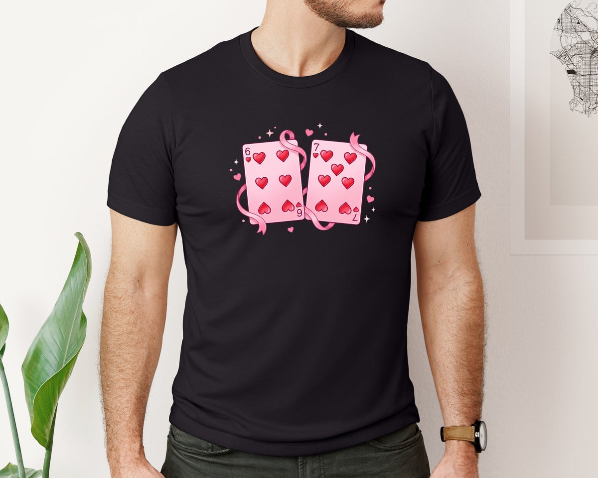 brand:Bella Canvas|color:Black|6 7 Hearts Cards Valentine Day Tshirt Design 2 Graphic T-Shirt