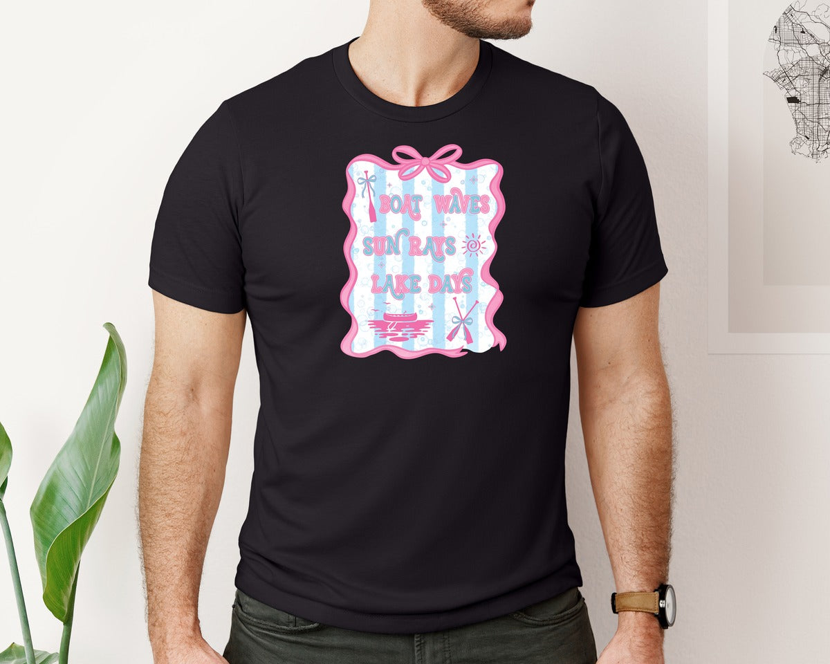 brand:Bella Canvas|color:Black|Coquette Lake Days Boat Waves Sun Rays Graphic T-Shirt