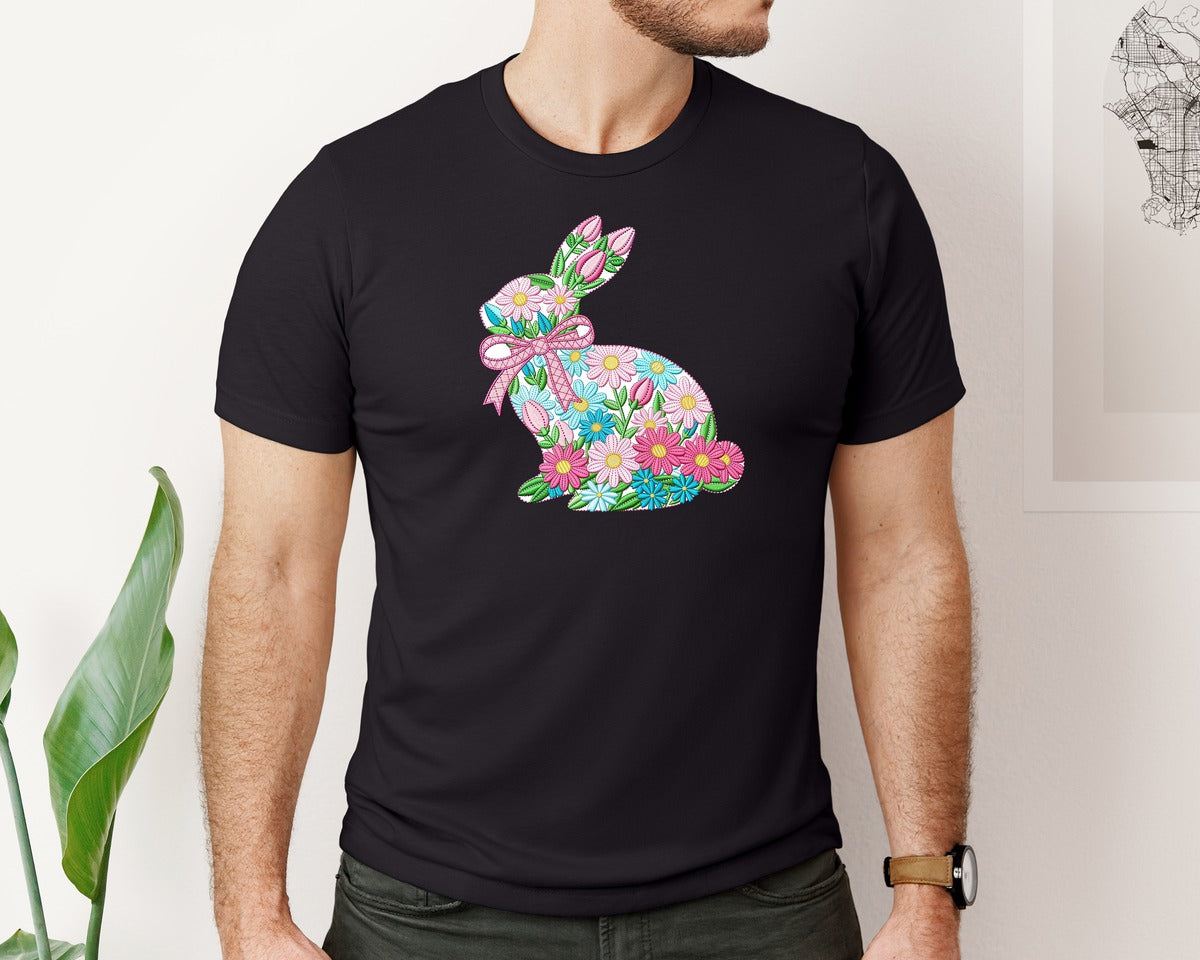 brand:Bella Canvas|color:Black|Floral Bunny Silhouette Graphic T-Shirt