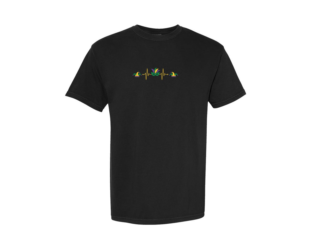 brand:Comfort Colors|color:Black|Mardi Gras Heartbeat Carnival Mask Graphic T-Shirt