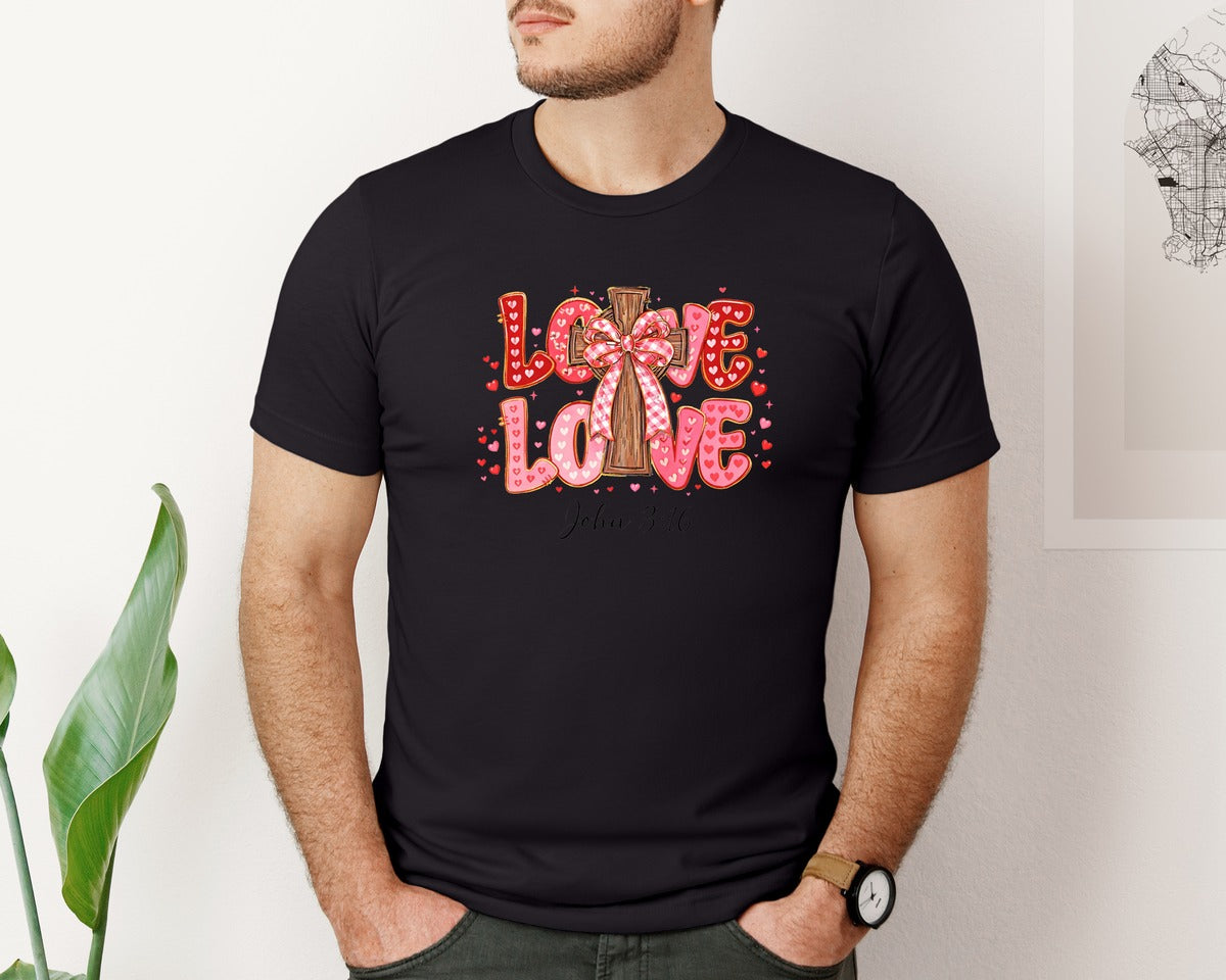 brand:Bella Canvas|color:Black|Loved John 3 16 Pngpink Valentine Heart Graphic T-Shirt