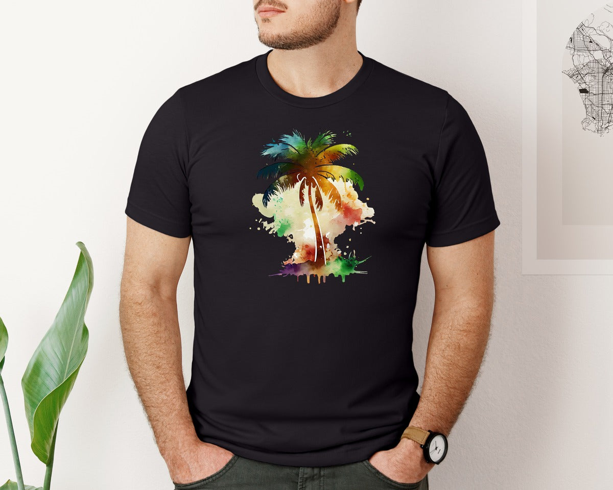 brand:Bella Canvas|color:Black|Watercolor Palm Tree T Shirt Graphic T-Shirt