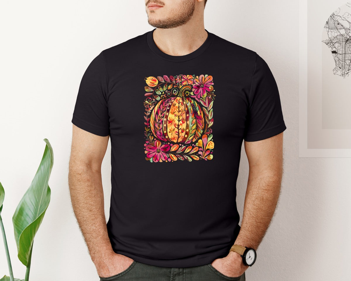 brand:Bella Canvas|color:Black|Fall Floral Pumpkin Boho Fall Graphic T-Shirt