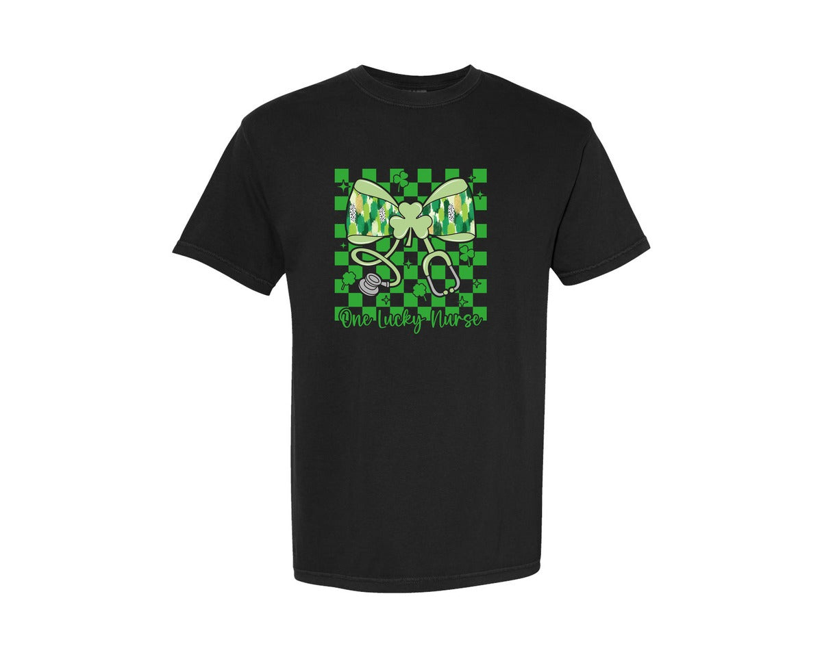brand:Comfort Colors|color:Black|One Lucky Nurse St Patricks Day 16 Graphic T-Shirt