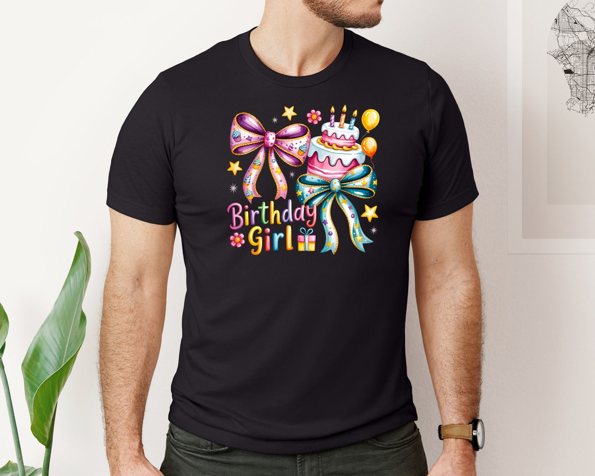 brand:Bella Canvas|color:Black|Coquette Birthday Girl Preppy Kids Graphic T-Shirt