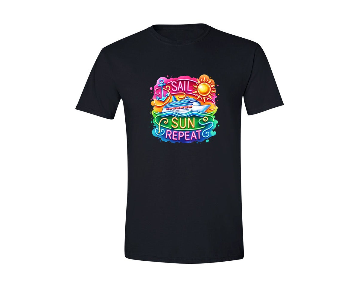 brand:Generic|color:Black|Neon Cruise Ship Sail Sun Repeat Graphic T-Shirt