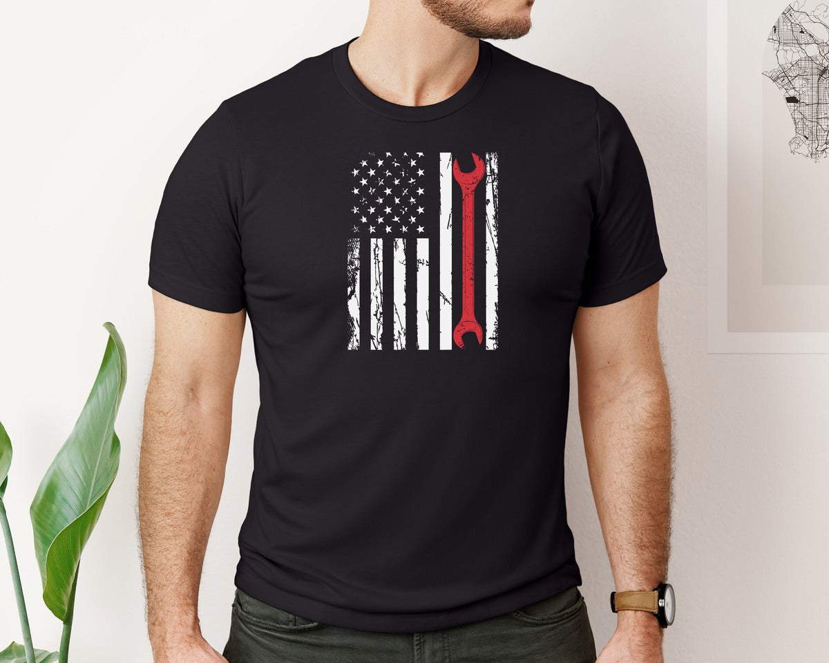 brand:Bella Canvas|color:Black|Mechanic With Us Flag T Shirt Design 2 Graphic T-Shirt