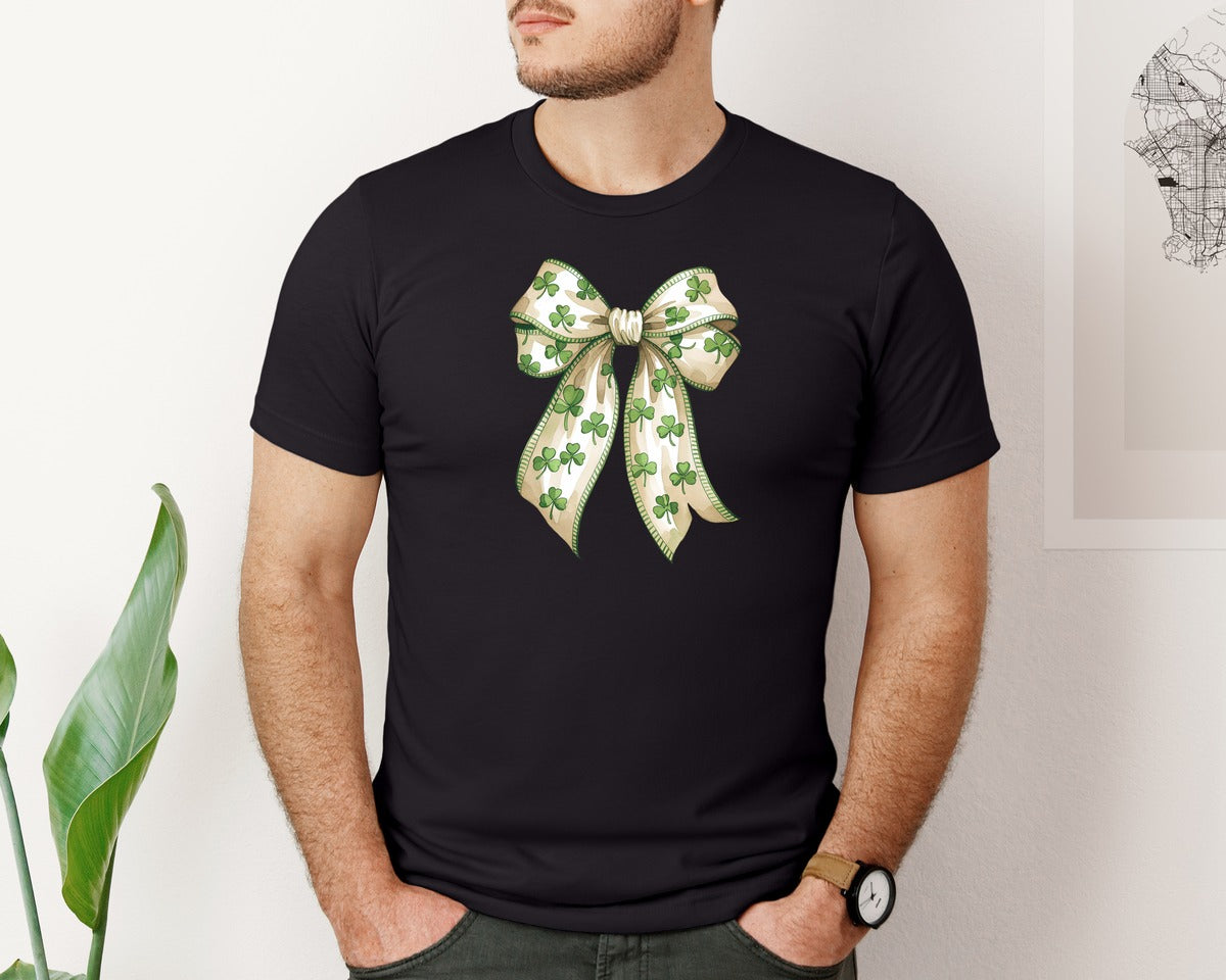 brand:Bella Canvas|color:Black|Lucky Green Bow St Patricks Day Ribbon Graphic T-Shirt